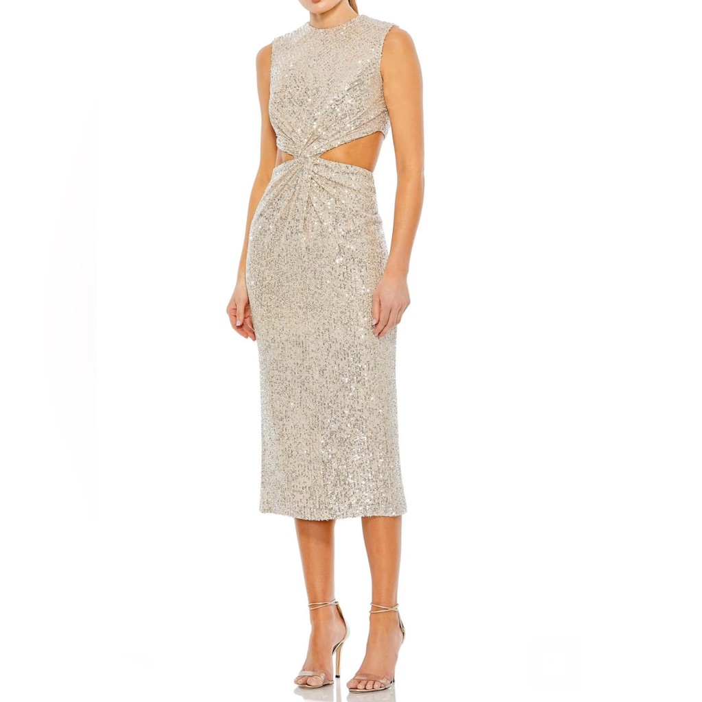 Ieena Mac Duggal Sequined Embellished Sleeveless High Neckline Waist Cutout Gown
